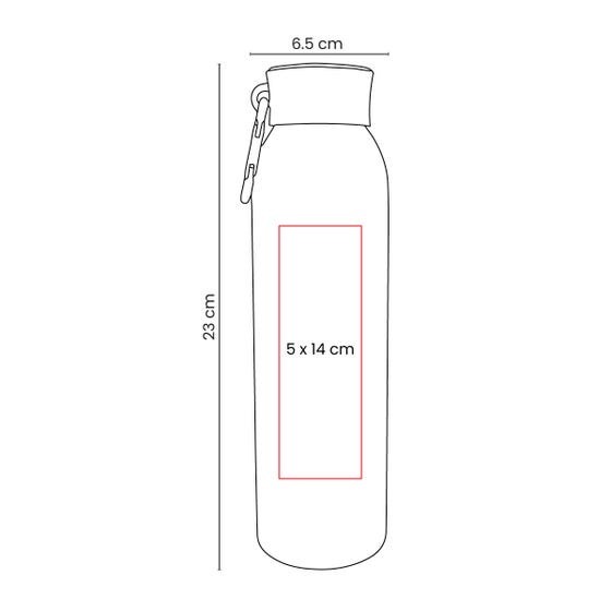 Medidas de la botella y área de impresión de 5 por 14 cm